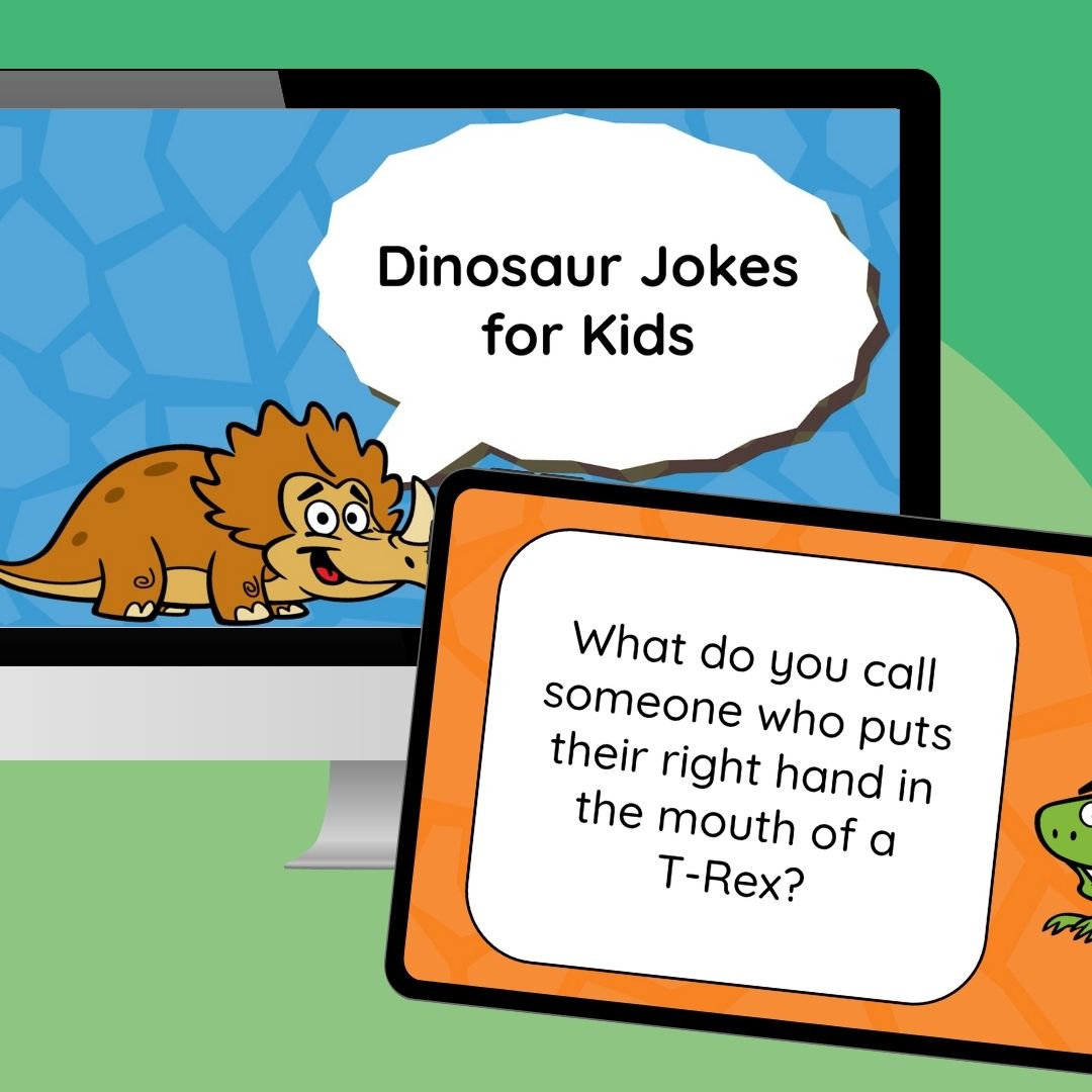 Dinosaur Jokes for Kids an image of a computer and ipad screen of two slides from the dinosaur jokes for kids slides