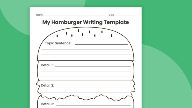 An image of a hamburger writing template printable in front of a green background