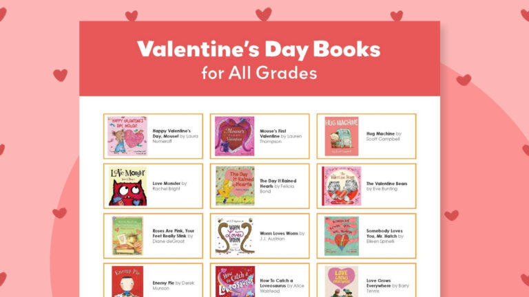 an image of various Valentine's Day books for kids covers on top of a pink and red background with hearts