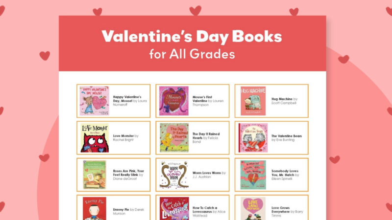 Valentine’s Day Books for Kids an image of various Valentine's Day books for kids covers on top of a pink and red background with hearts