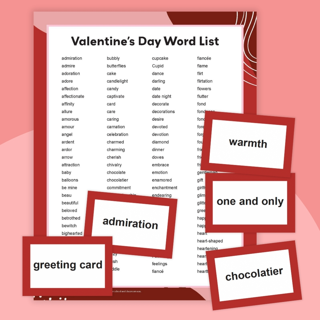 Example of Valentine's Day word list and cards printable