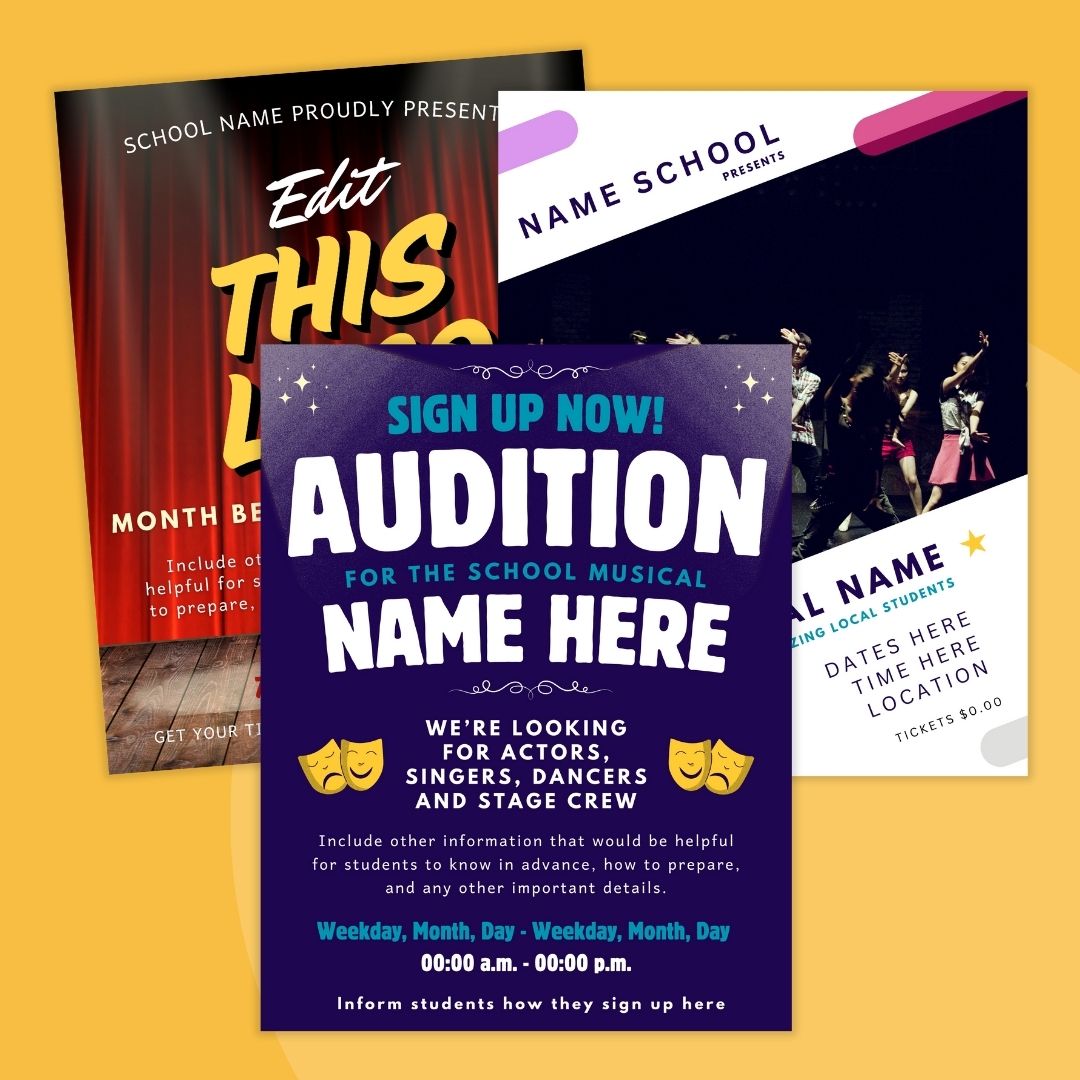 an image of audition flyer templates in front of a yellow background