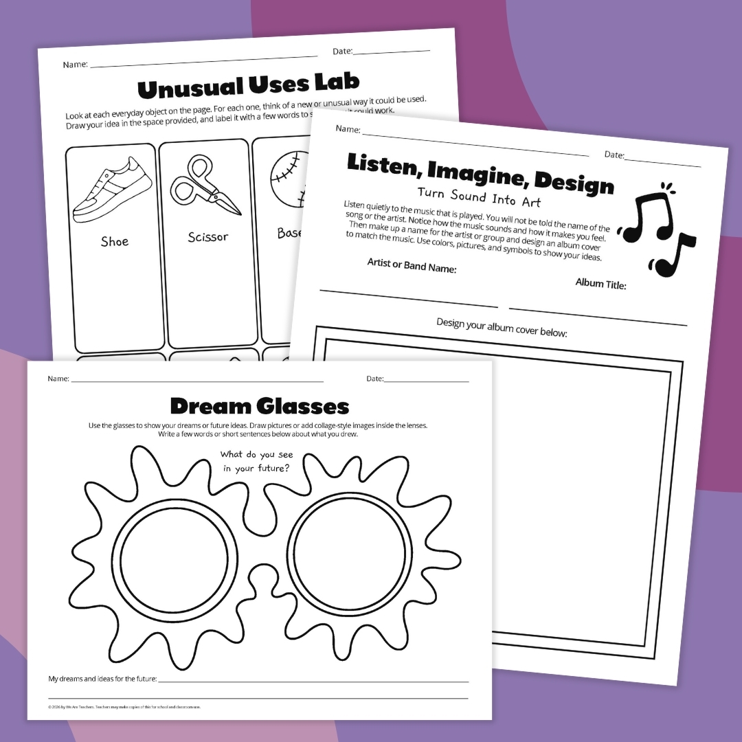 Creativity Worksheets examples of three creativity worksheets in a free elementary bundle