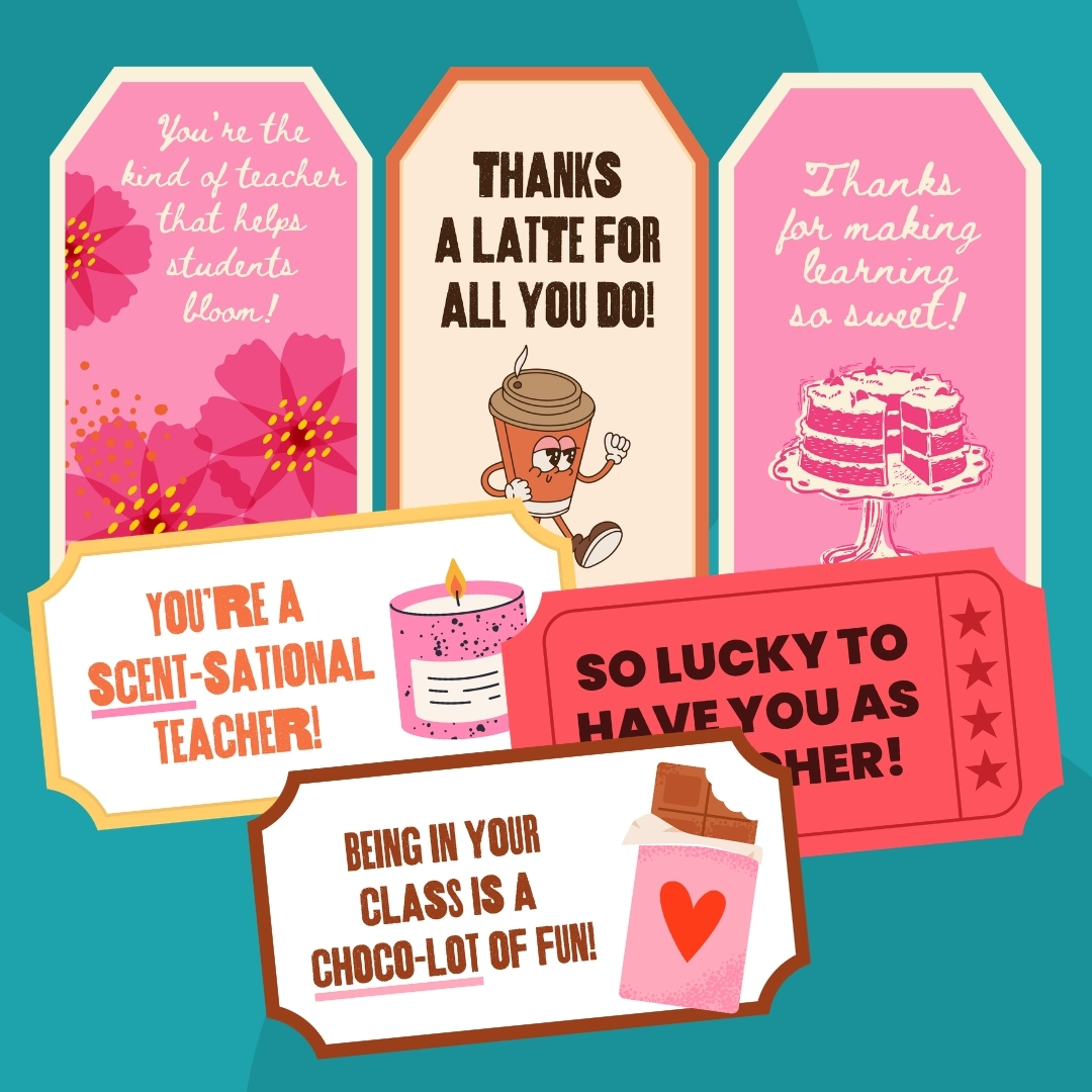 Teacher Gift Tags Collage of printable gift tags for teachers.