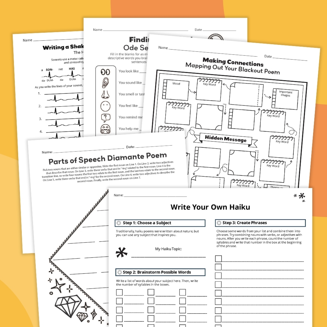 an image of five different poetry worksheet examples