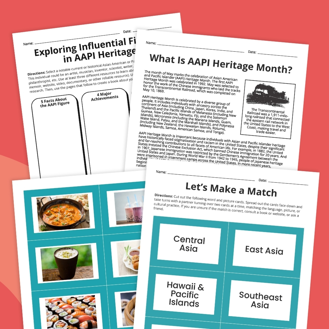 AAPI Heritage Month Worksheets Square collage of AAPI Heritage Month worksheets