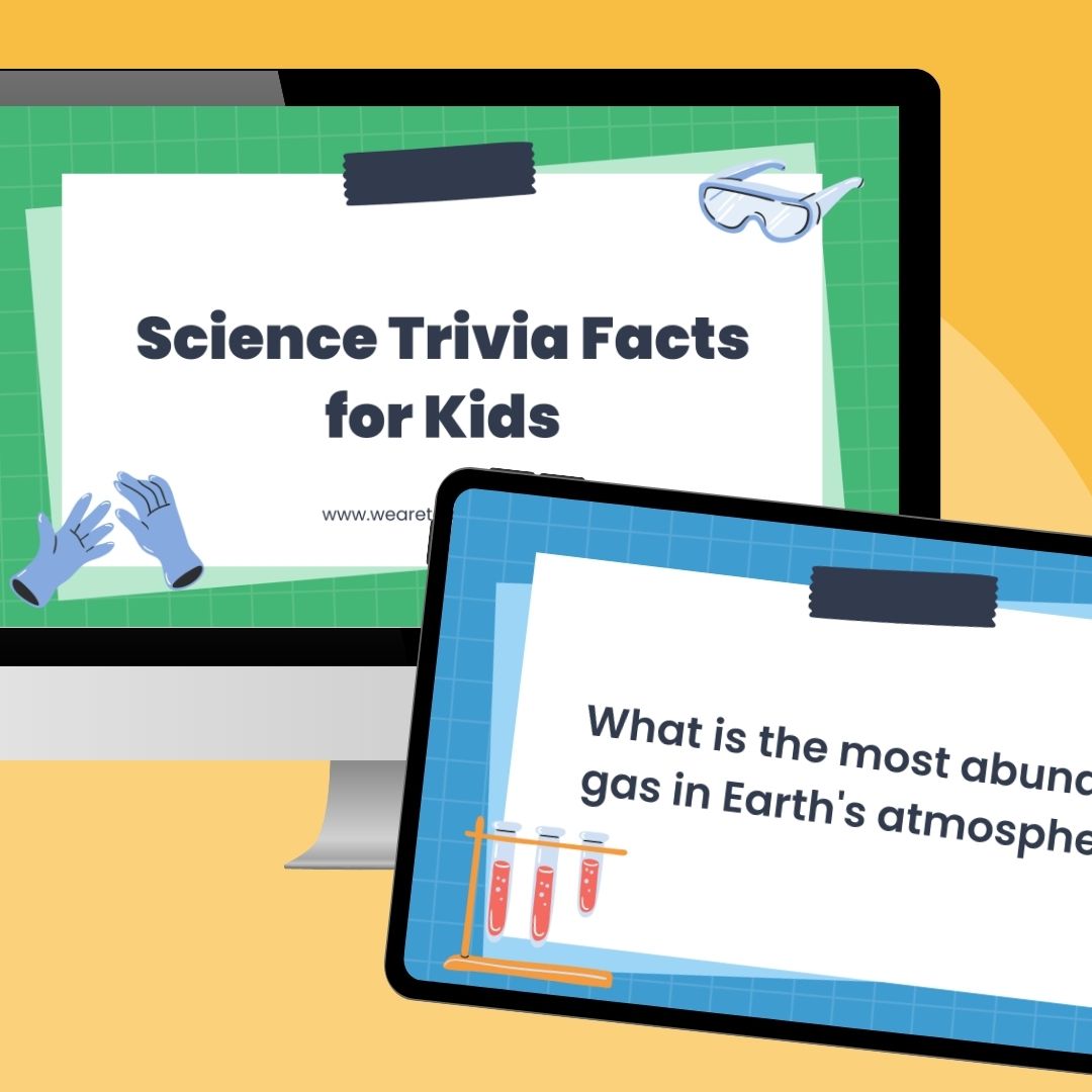 Science Trivia For Kids a mockup of a computer and tablet screen featuring science trivia for kids slides