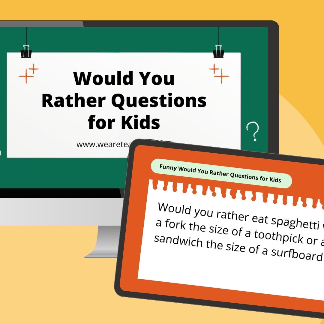 an image of a mockup computer screen and tablet featuring would you rather questions for kids