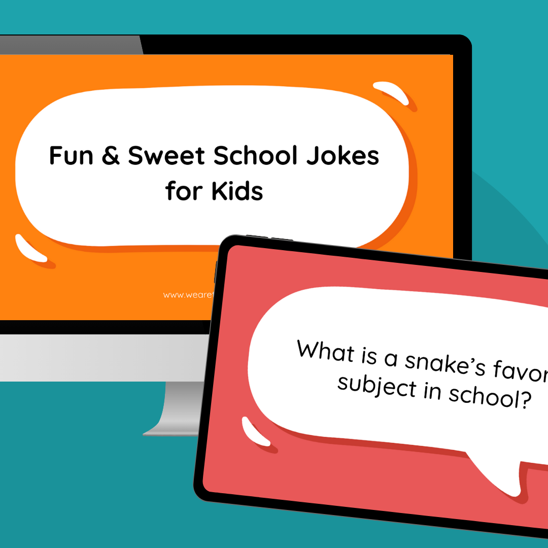 an image of a computer and ipad featuring a slide from our free google slides, school jokes for kids