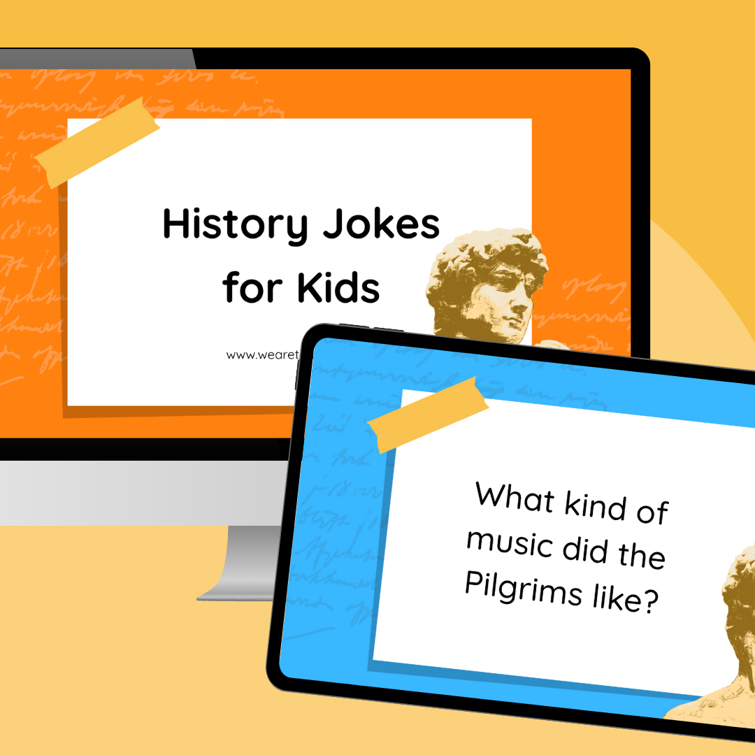 History Jokes for Kids an image of a computer and ipad screen featuring history jokes for kids Google Slides