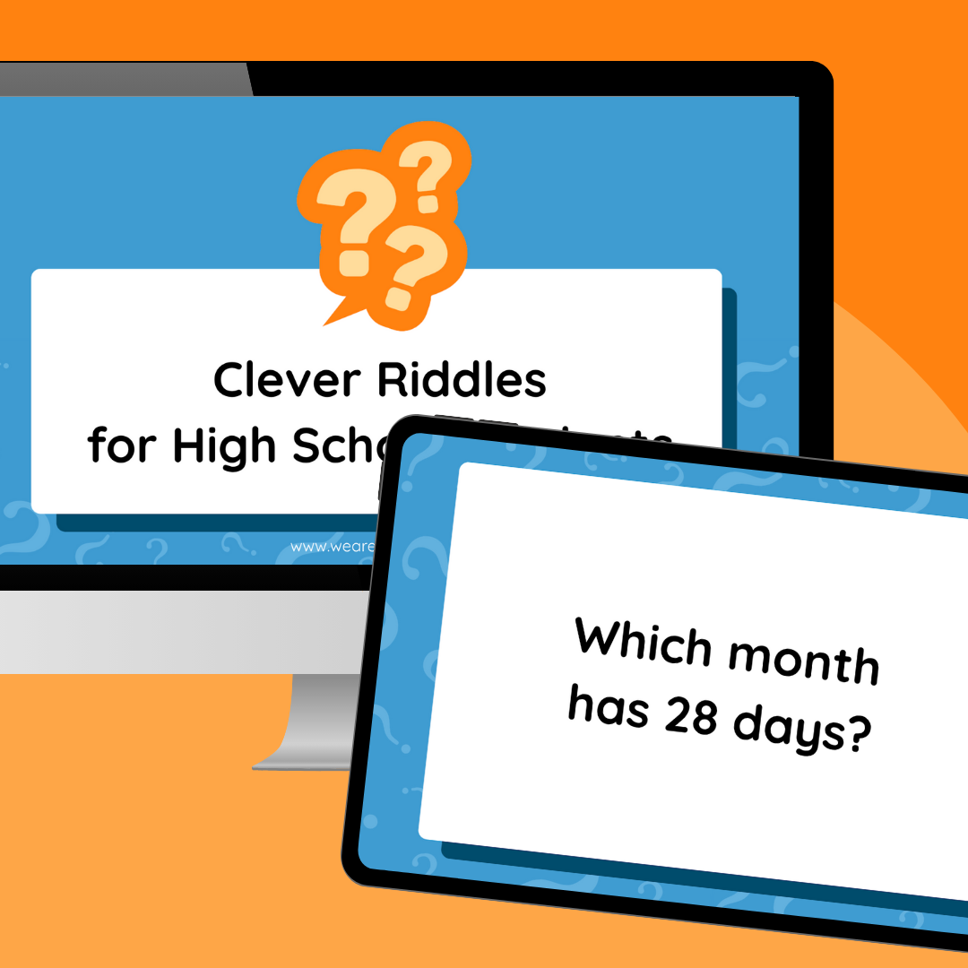 Riddles for High School Students an image of a computer and ipad screen featuring riddles for high school students with two example slides