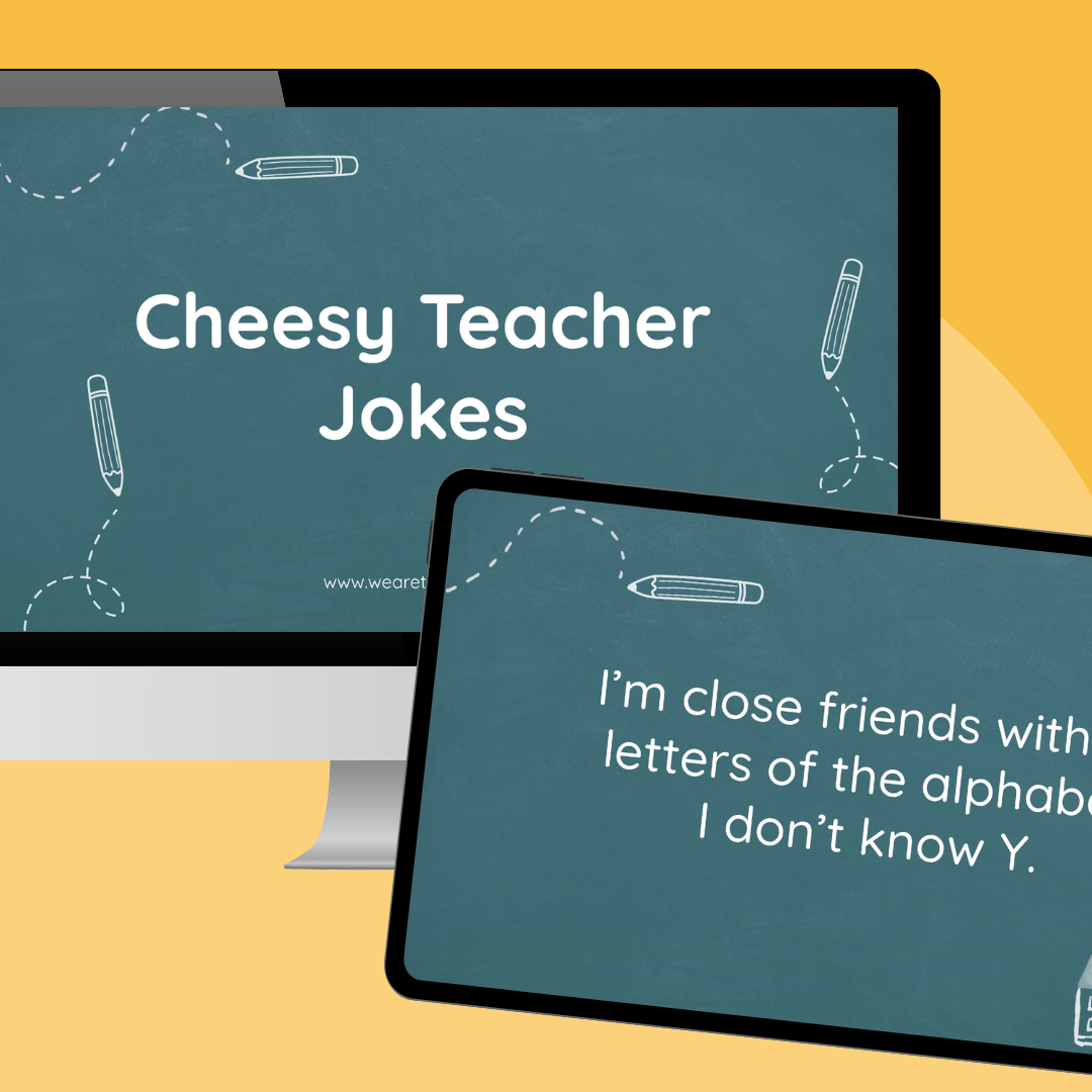 an image of a computer and ipad screen featuring Google Slides from cheesy teacher jokes