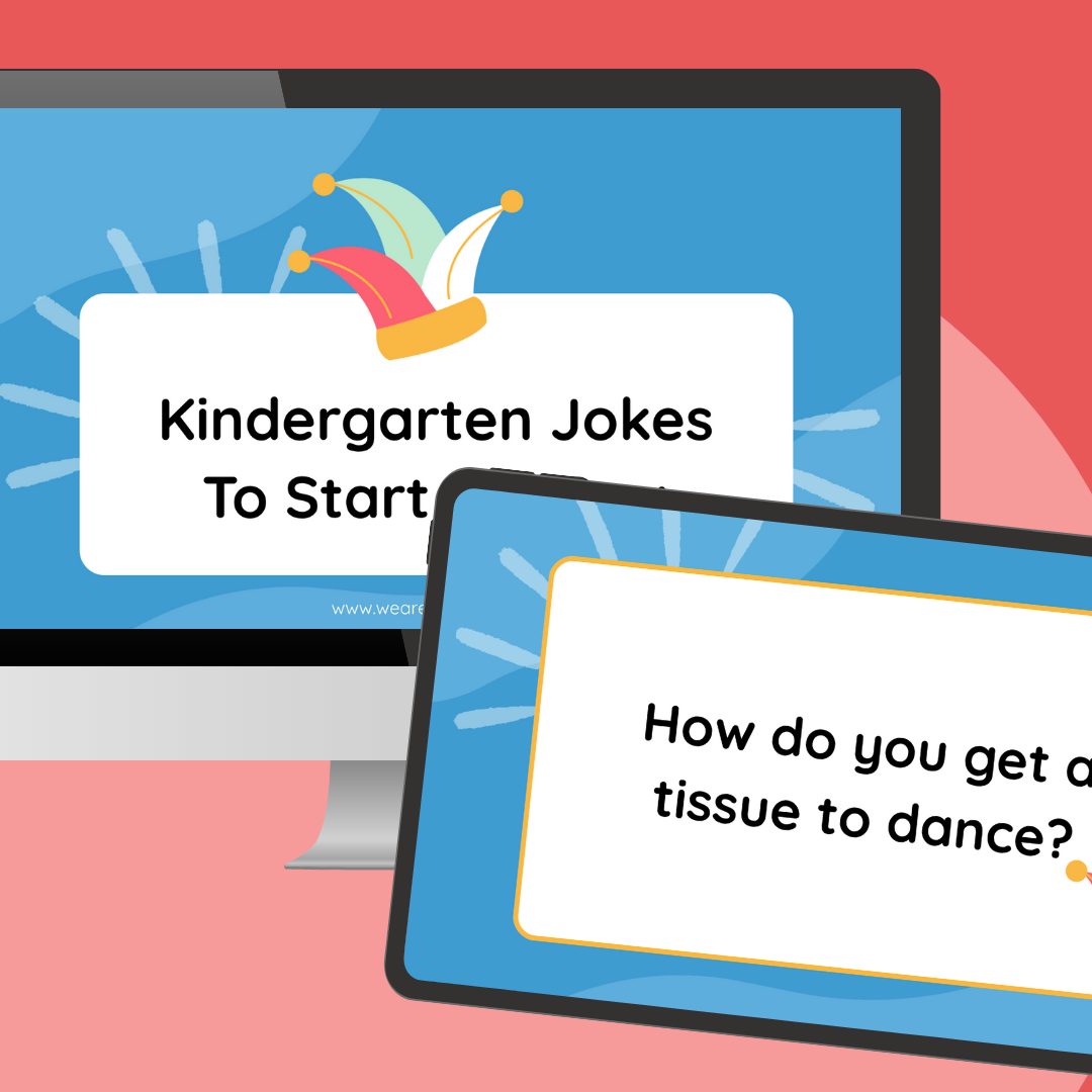 an image of a computer and tablet screen with slides from 275 kindergarten jokes to start the day