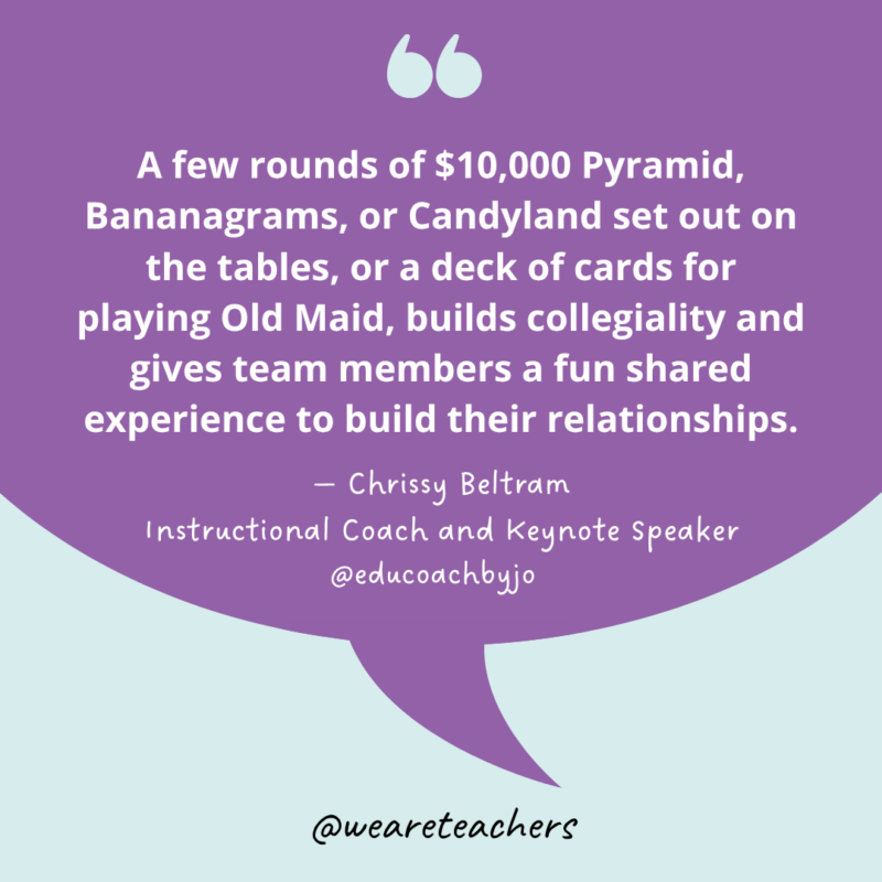 Team Building Activities an image of a quote explaining why games are great team building activities during staff meetings