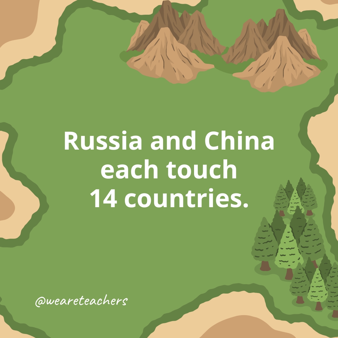 Russia and China each touch 14 countries.