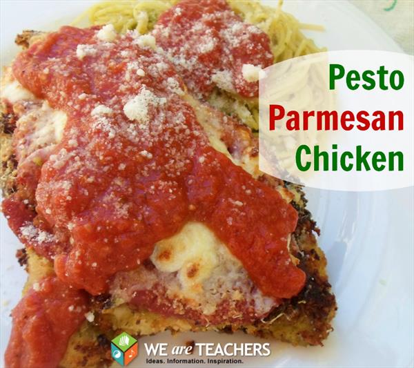 Pesto Parmesan Chicken - A festive & colorful main dish for the holidays or a quick and easy dinner for any night of the week. -WeAreTeachers.com 