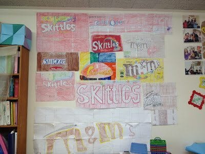 Scaling up candy wrappers on a classroom wall