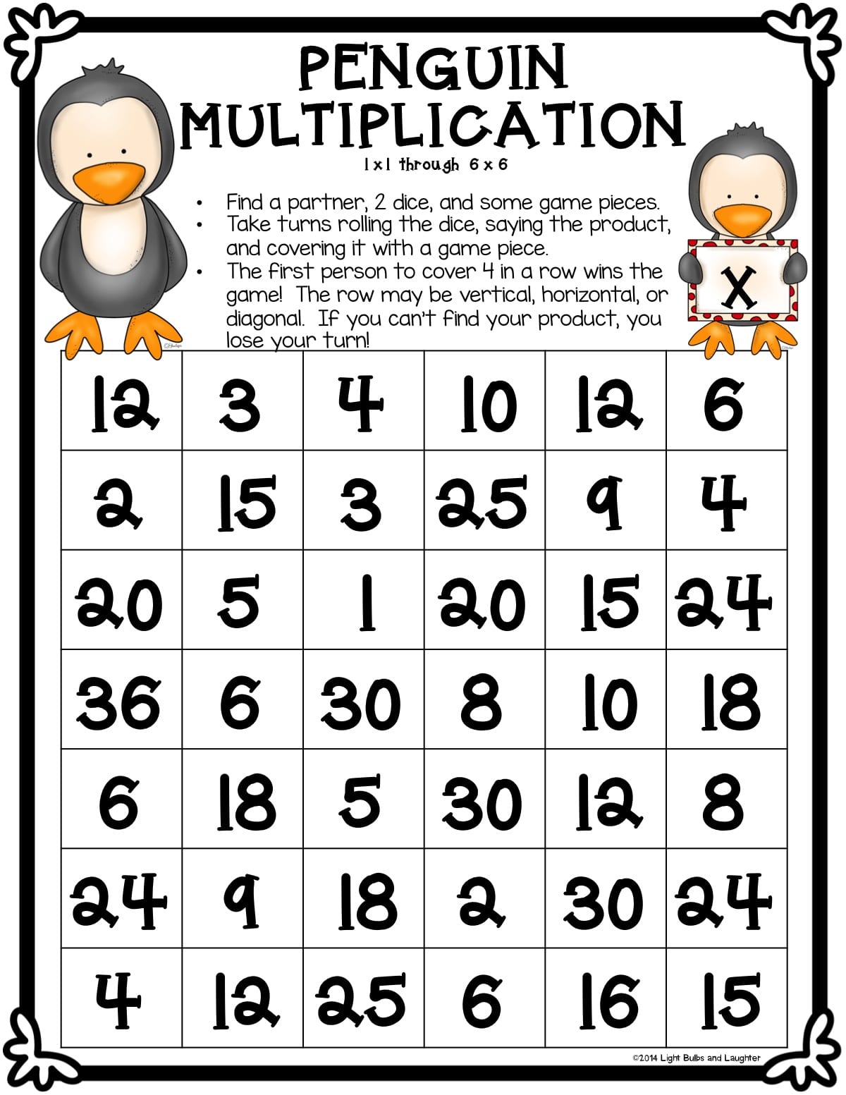 a worksheet entitled penguin multiplication with numbers in a grid, instructions for the activity and two cartoon penguins