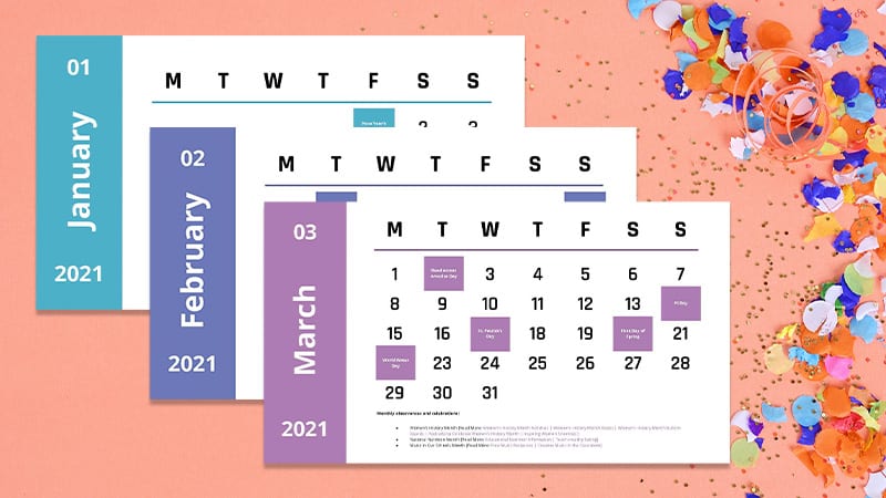 January, February and March screenshots of the 2021 school holiday calendar for the classroom.