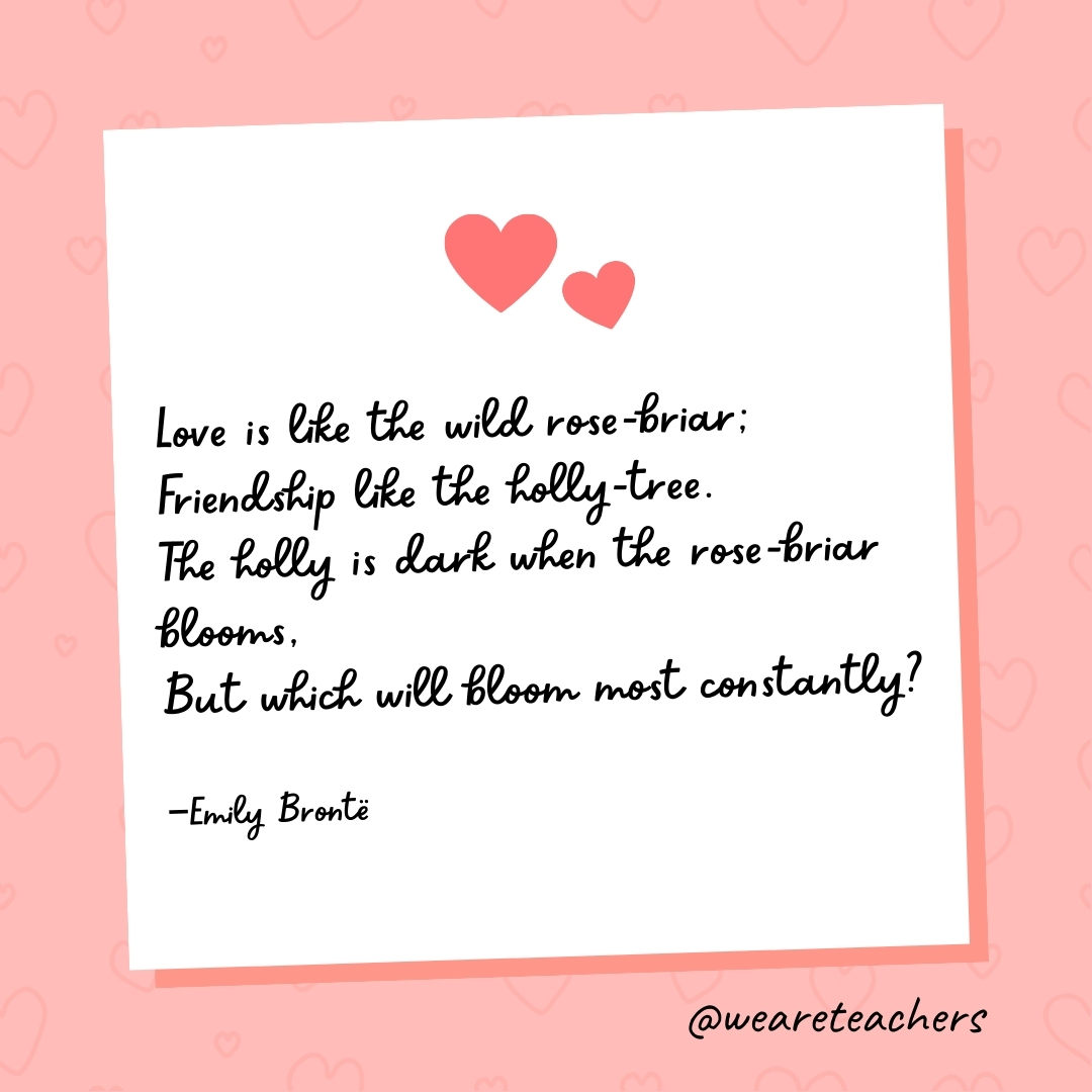 Love is like the wild rose-briar;
Friendship like the holly-tree.
The holly is dark when the rose-briar blooms,
But which will bloom most constantly? 
—Emily Brontë