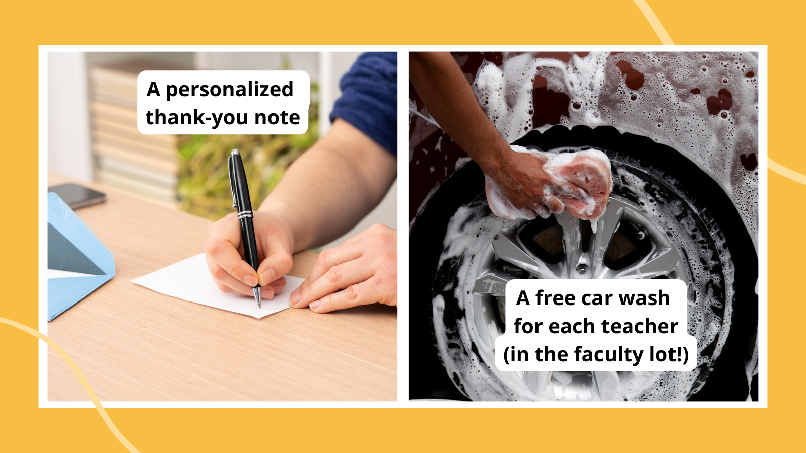 Paired photos of teacher appreciation week ideas for principals—handwritten notes and teacher car wash