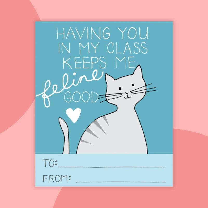 Printable Valentines a printable valentine that says: Having you in my class keep me feline good with a light blue background and picture of a cat
