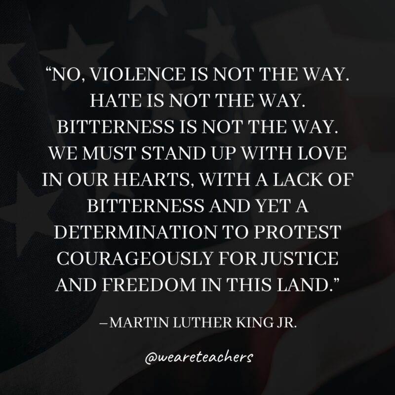 No, violence is not the way. Hate is not the way. Bitterness is not the way. We must stand up with love in our hearts, with a lack of bitterness and yet a determination to protest courageously for justice and freedom in this land.