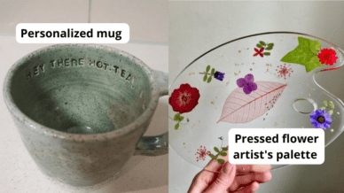 Paired image of handmade mug and pressed flower palette as a part of post on gifts for art teachers