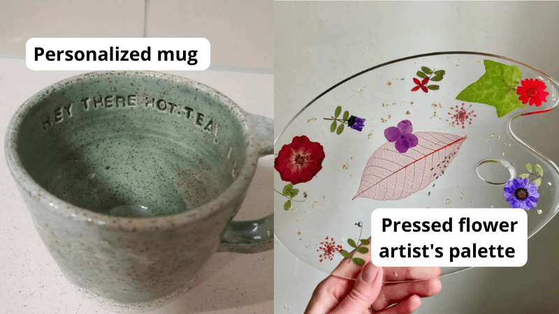 Paired image of handmade mug and pressed flower palette as a part of post on gifts for art teachers
