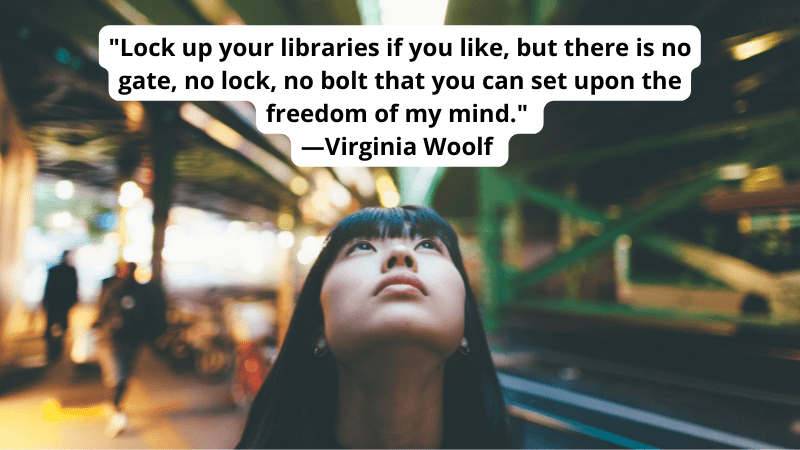 Image of a woman looking upward paired with quote about censorship