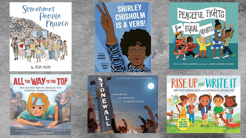 Collage of six books about activism for the classroom