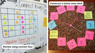 There are two images. The first one is of sticky notes being used to play connect four and the other is sticky notes being used to create a clock.
