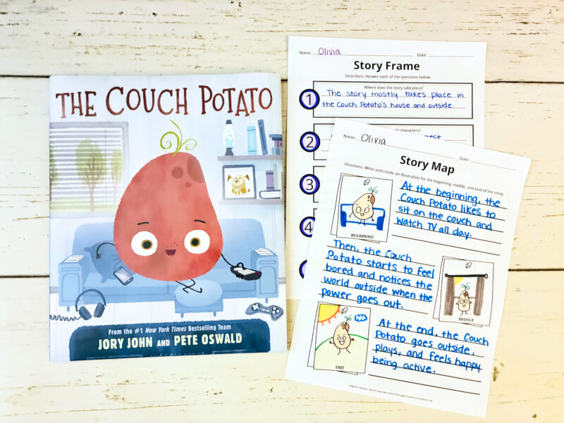 Read Across America Activities an image of the picture book, The Couch Potato, and two completed printable story map worksheets