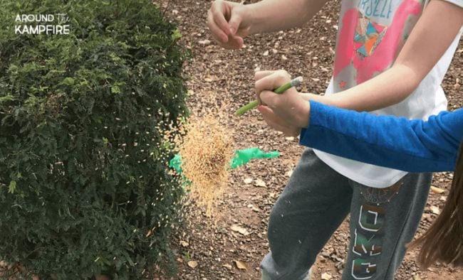 Children's hands exploding a balloon with seeds flying out