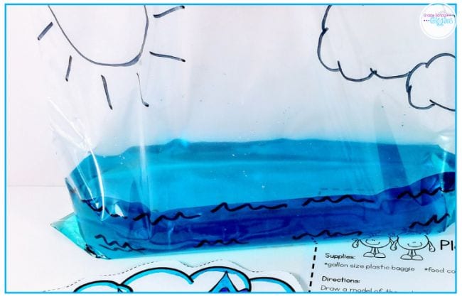 Plastic bag marked with sun, clouds, and waves, partly filled with blue water