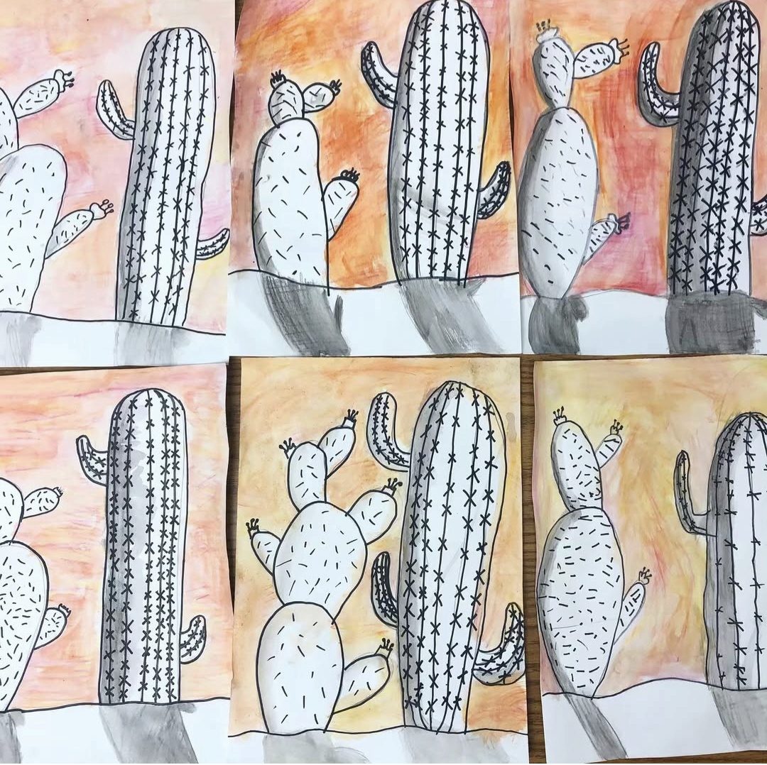 Watercolor and black and white cactus drawings by 2nd grade art students