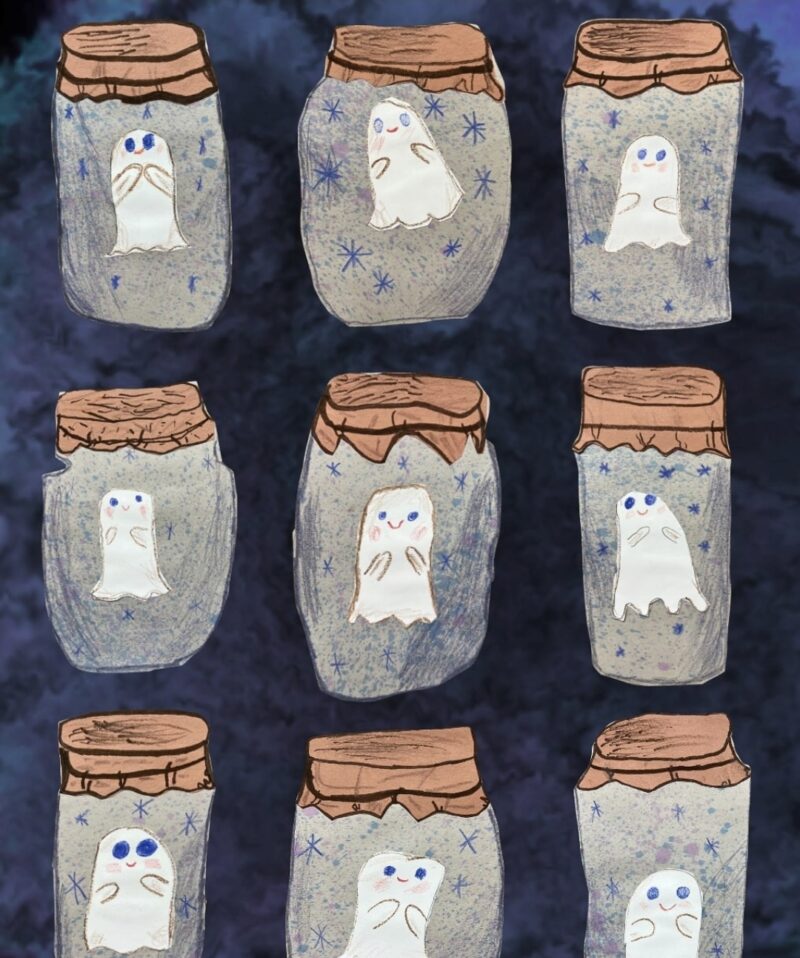 Friendly ghosts drawn in jars by 2nd grade art students
