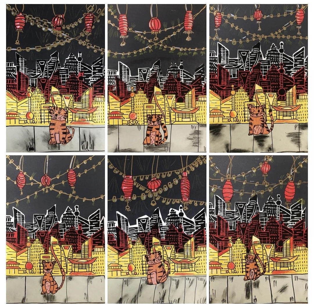 Lunar New Year art project showing tigers against a city scene