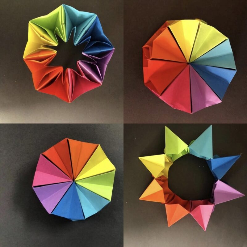 Folded paper color wheel in a variety of formations