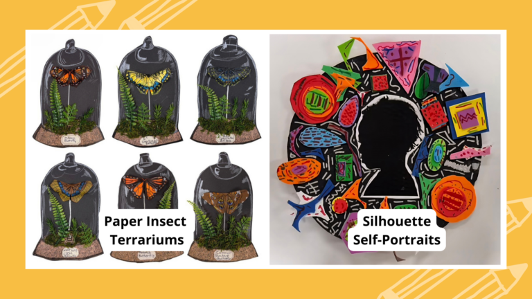 2nd grade art projects including paper insect terrariums and silhouette self-portraits