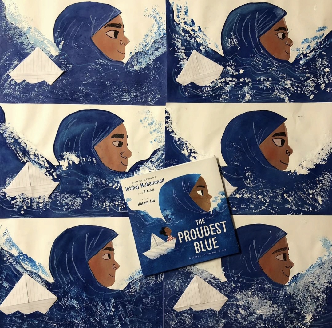 Paper collages representing the cover of the book The Proudest Blue