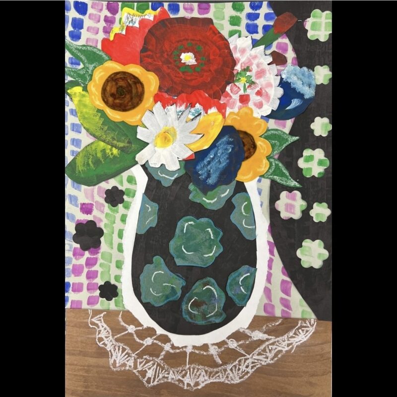 Mixed media still life collage showing flowers in a vase
