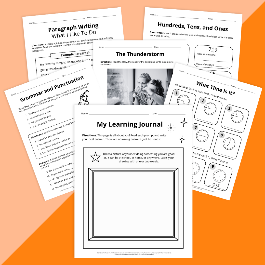 An image showing a variety of second grade skills worksheets.