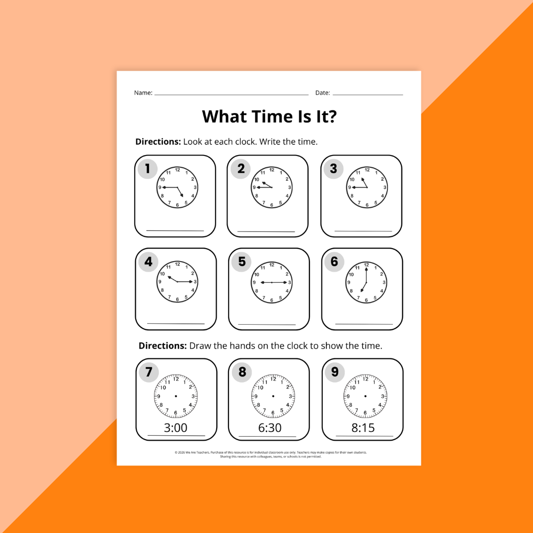 A second grade skills worksheet where students practice telling time on analog clocks.