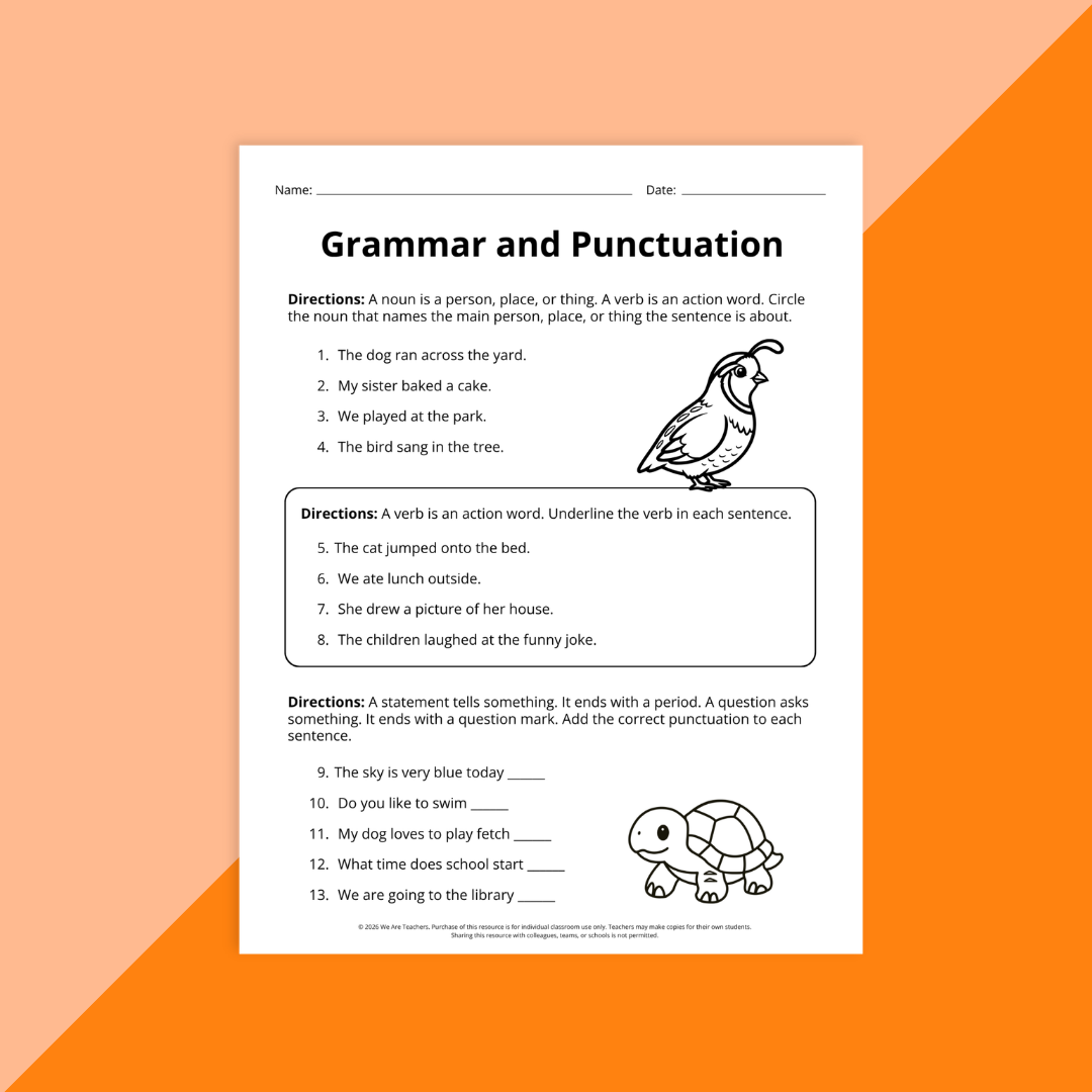 An image of a grammar and punctuation worksheet from the Moving Up Worksheet and Activity Bundle: 2nd Grade.