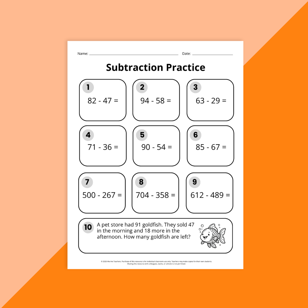 An image of a subtraction practice worksheet for second grade skills.