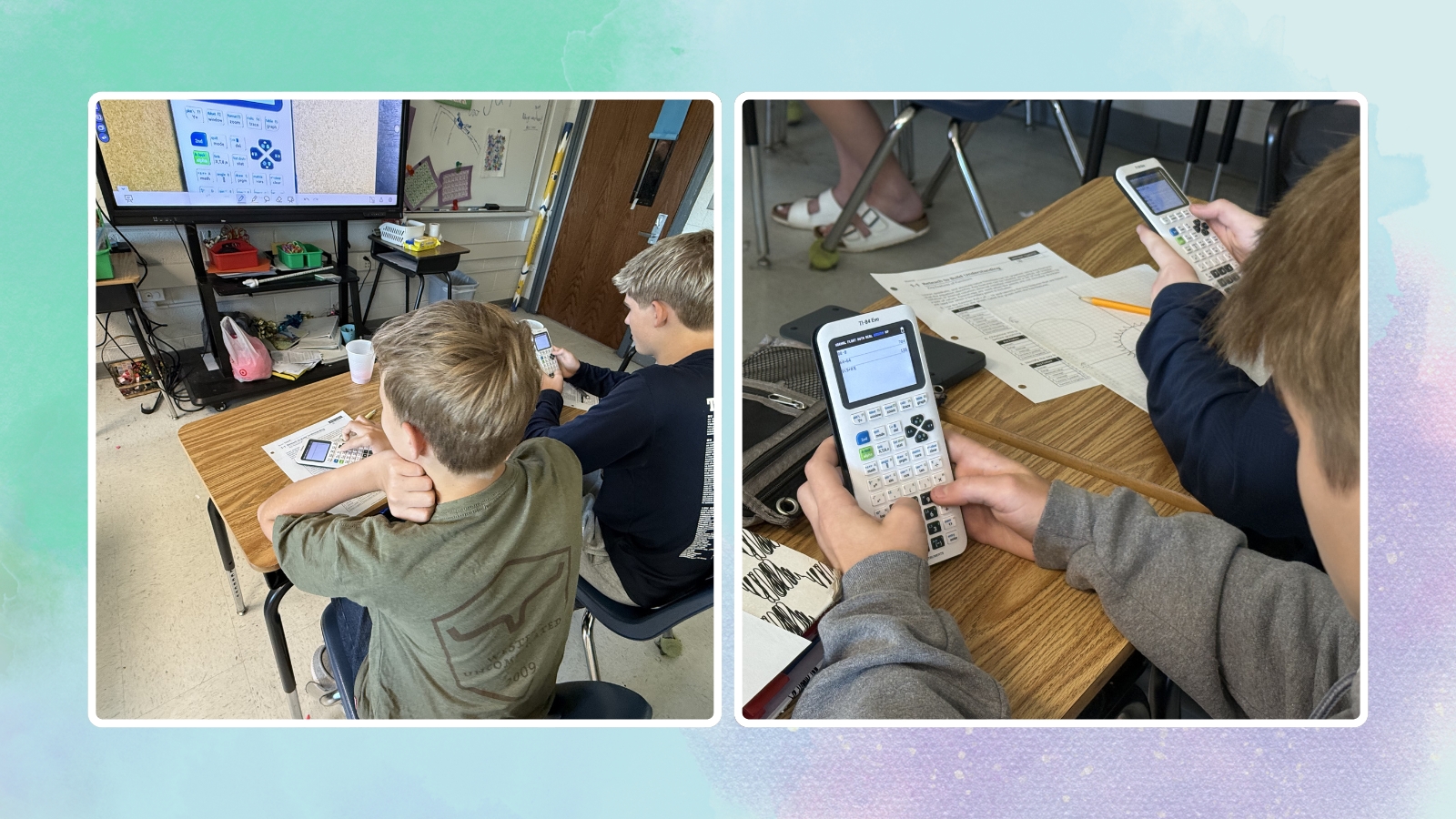 Images of two students using the TI-84 EVO calculators in a classroom math setting