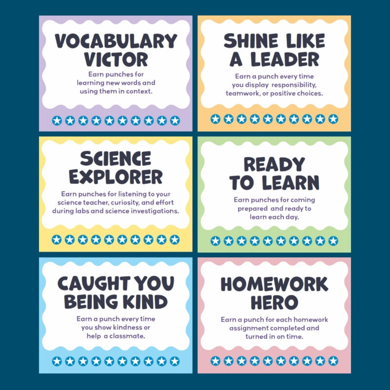 Motivational Punch Cards an image of various motivational punch cards for students