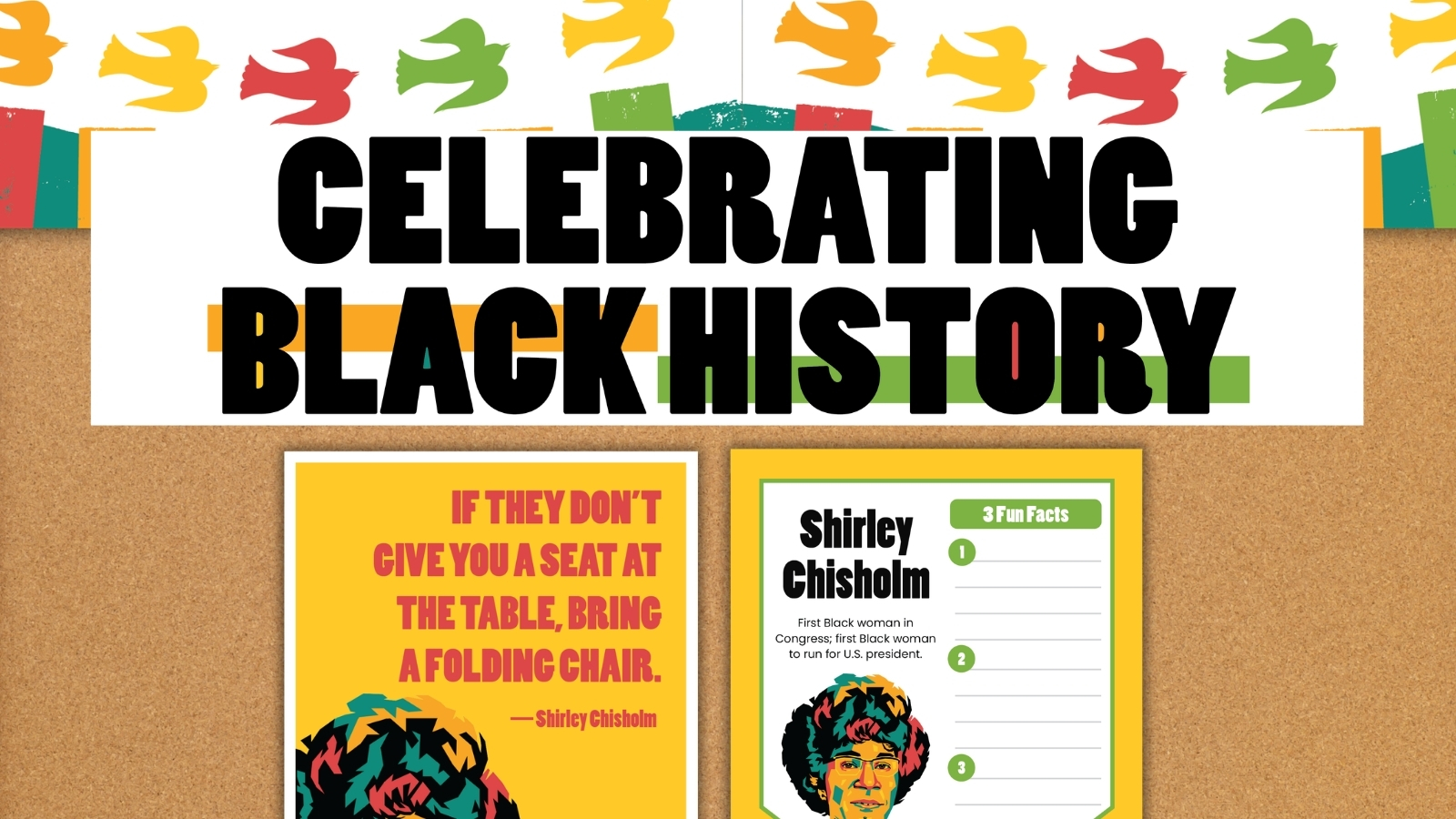 Image of the Black History Month Bulletin Board Kit on a cork board background.