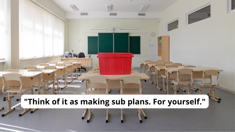 Photo of an empty classroom with a One Big Box on top of desks to illustrate back-to-school prep that can be done in the spring